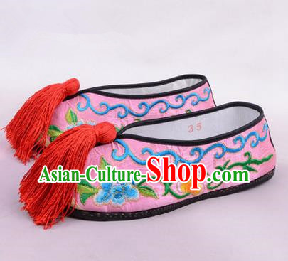Chinese Ancient Peking Opera Young Lady Embroidered Hua Tan Shoes, Traditional China Beijing Opera Female Pink Embroidered Shoes
