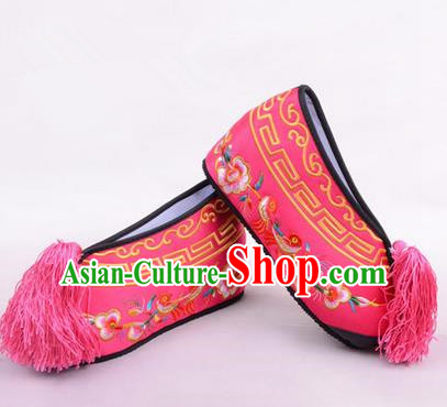 Chinese Ancient Peking Opera Young Lady Embroidered Wedding Shoes, Traditional China Beijing Opera Female Hua Tan Rosy Embroidered Shoes