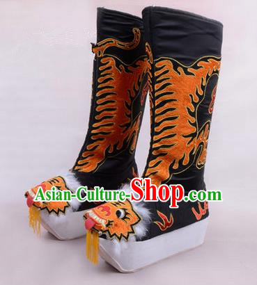 Chinese Ancient Peking Opera King Embroidered High Leg Boots, Traditional China Beijing Emperor Opera Black Embroidered Steller Shoes