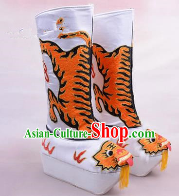 Chinese Ancient Peking Opera King Embroidered High Leg Boots, Traditional China Beijing Emperor Opera White Embroidered Steller Shoes