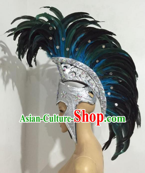 Top Grade Professional Stage Show Halloween Blue Feather Headpiece Exaggerate Hat, Brazilian Rio Carnival Samba Opening Dance Hair Accessories Headwear Warrior Helmet