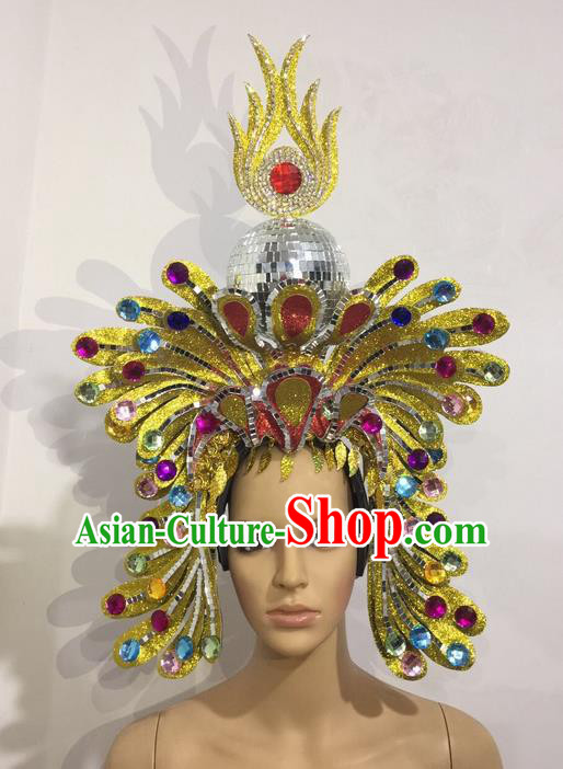 Top Grade Professional Stage Show Halloween Crystal Queen Headpiece Exaggerate Hat, Brazilian Rio Carnival Samba Opening Dance Hair Accessories Cleopatra Headwear for Women