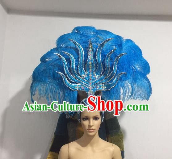 Top Grade Professional Stage Show Halloween Headpiece Blue Feather Hat, Brazilian Rio Carnival Samba Opening Dance Imperial Empress Hair Accessories Headwear for Women