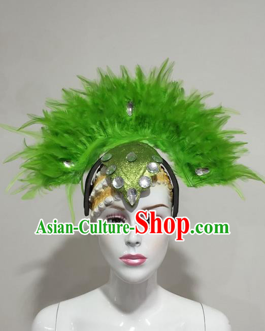 Top Grade Professional Stage Show Crystal Halloween Headpiece Hat, Brazilian Rio Carnival Samba Opening Dance Green Feather Headwear for Women