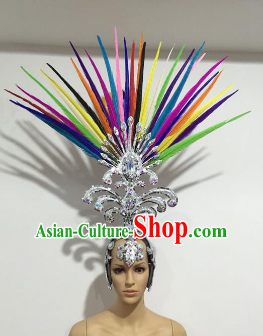 Top Grade Professional Stage Show Halloween Giant Headpiece Colorful Feather Big Hair Accessories Decorations, Brazilian Rio Carnival Samba Opening Dance Hat Headwear for Women