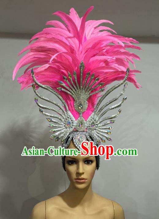 Top Grade Professional Stage Show Halloween Headpiece Pink Feather Hat, Brazilian Rio Carnival Samba Opening Dance Imperial Empress Hair Accessories Headwear for Women