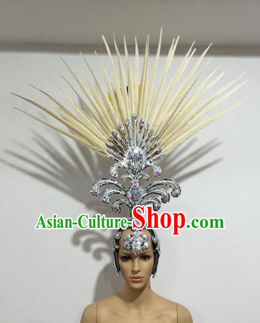 Top Grade Professional Stage Show Giant Headpiece Beige Feather Big Hair Accessories Decorations, Brazilian Rio Carnival Samba Opening Dance Hat Headwear for Women
