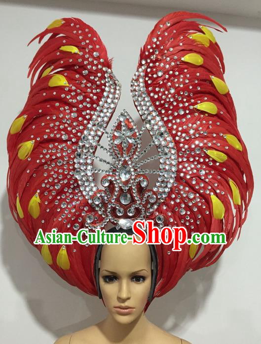 Top Grade Professional Stage Show Giant Headpiece Red Feather Hair Accessories Crystal Decorations, Brazilian Rio Carnival Samba Opening Dance Headwear for Women