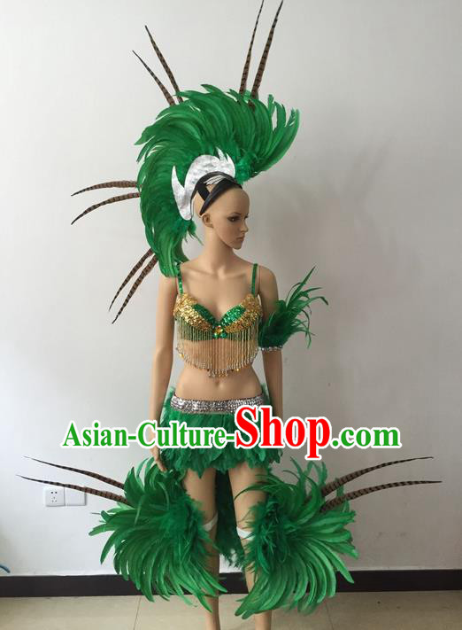 Top Grade Professional Performance Catwalks Bikini Costume, Traditional Brazilian Rio Carnival Samba Modern Fancywork Green Feather Swimsuits Clothing for Women