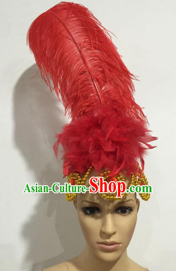 Top Grade Professional Stage Show Giant Headpiece Parade Hair Accessories, Brazilian Rio Carnival Samba Opening Dance Imperial Empress Red Feather Headwear for Women