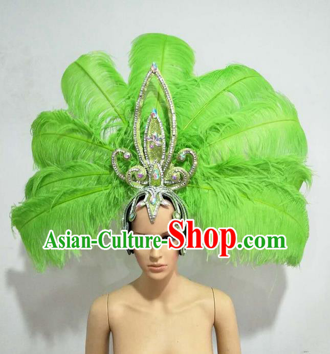 Top Grade Professional Stage Show Giant Headpiece Parade Big Hair Accessories Decorations, Brazilian Rio Carnival Samba Opening Dance Green Feather Headdresses for Women