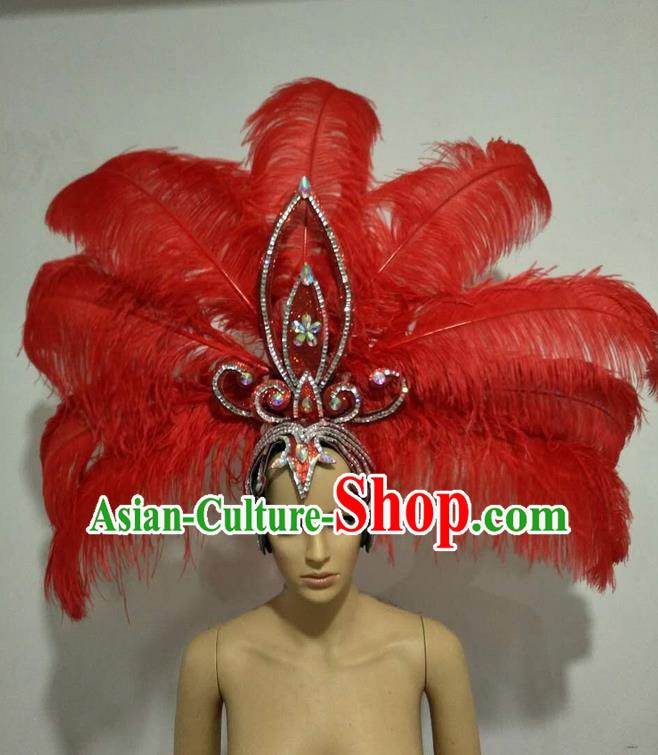 Top Grade Professional Stage Show Giant Headpiece Parade Big Hair Accessories Decorations, Brazilian Rio Carnival Samba Opening Dance Red Feather Headdress for Women
