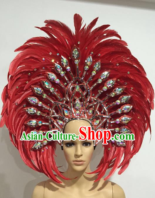 Top Grade Professional Stage Show Giant Headpiece Red Crystal Feather Hair Accessories Decorations, Brazilian Rio Carnival Samba Opening Dance Headwear for Women