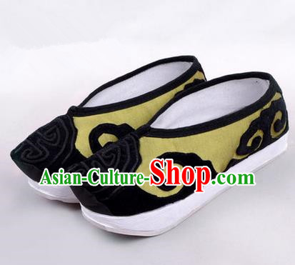 Chinese Ancient Peking Opera Huangmei Opera Old Men High Sole Shoes, Traditional China Beijing Opera Male Milord Green Embroidered Shoes