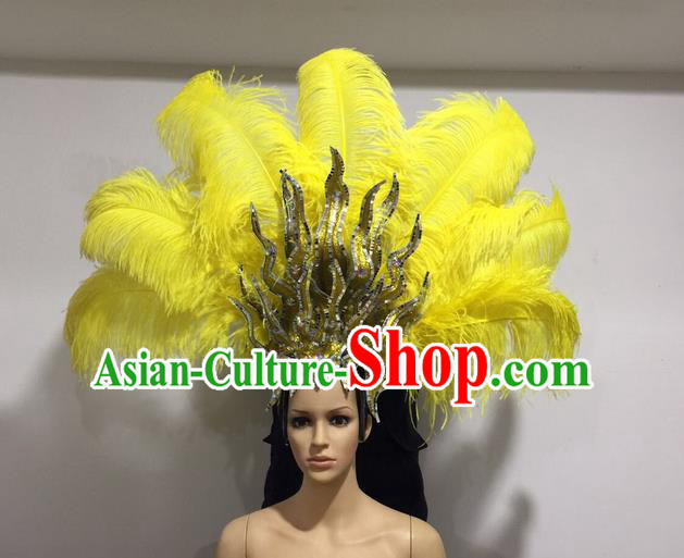 Top Grade Professional Stage Show Halloween Giant Headpiece Yellow Feather Big Hair Accessories Decorations, Brazilian Rio Carnival Samba Opening Dance Hat Headwear for Women