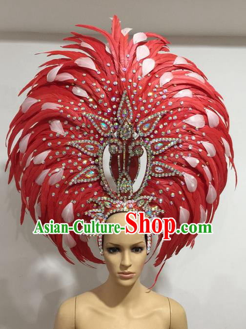 Top Grade Professional Stage Show Giant Headpiece Crystal Red and White Feather Hair Accessories Decorations, Brazilian Rio Carnival Samba Opening Dance Headwear for Women