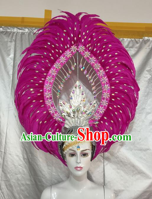 Top Grade Professional Stage Show Giant Headpiece Parade Giant Rosy Feather Crystal Hair Accessories Decorations, Brazilian Rio Carnival Samba Opening Dance Headwear for Women