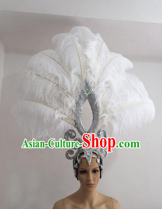 Top Grade Professional Stage Show Giant Headpiece Parade Giant Hair Accessories White Feather Decorations, Brazilian Rio Carnival Samba Opening Dance Imperial Empress Headwear for Women