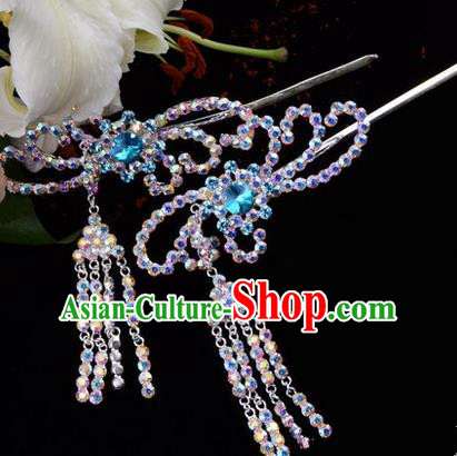 Chinese Ancient Peking Opera Hair Accessories Young Lady Diva Blue Phoenix Tassel Hairpins, Traditional Chinese Beijing Opera Hua Tan Colorful Colorful Crystal Head Ornaments