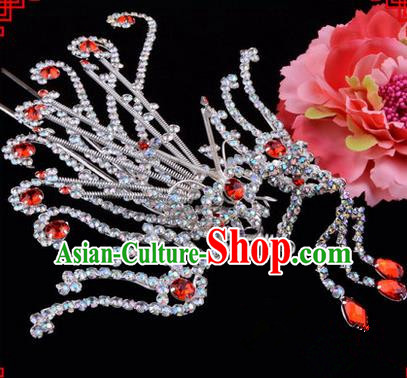Chinese Ancient Peking Opera Hair Accessories Young Lady Diva Red Phoenix Hairpins, Traditional Chinese Beijing Opera Hua Tan Colorful Crystal Head Ornaments