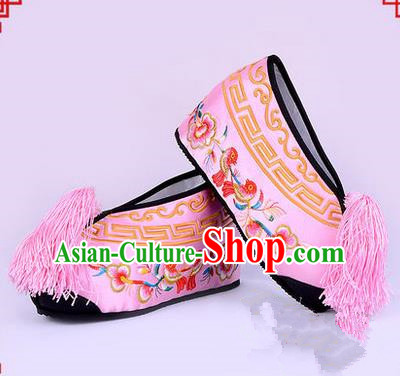 Chinese Ancient Peking Opera Young Lady Bride Embroidered Flowers Hua Tan Shoes, Traditional China Beijing Opera Princess Wedding Pink Embroidered Increase Shoes