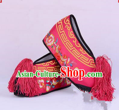 Chinese Ancient Peking Opera Young Lady Bride Embroidered Flowers Hua Tan Shoes, Traditional China Beijing Opera Princess Wedding Rosy Embroidered Increase Shoes