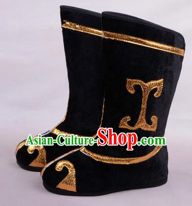 Chinese Ancient Peking Opera Martial Lady Swordplay Embroidered Boots, Traditional China Beijing Opera Dragon Dance Black Embroidered Shoes