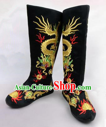 Chinese Ancient Peking Opera King Embroidered Dragon High Leg Boots, Traditional China Beijing Opera Emperor Black Embroidered Steller Shoes