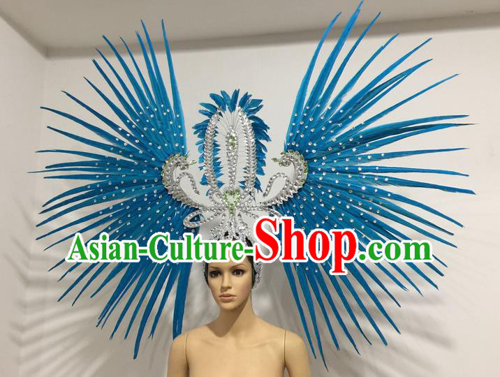 Top Grade Professional Stage Show Giant Headpiece Parade Hair Accessories Decorations, Brazilian Rio Carnival Samba Opening Dance Blue Feather Headdress for Women