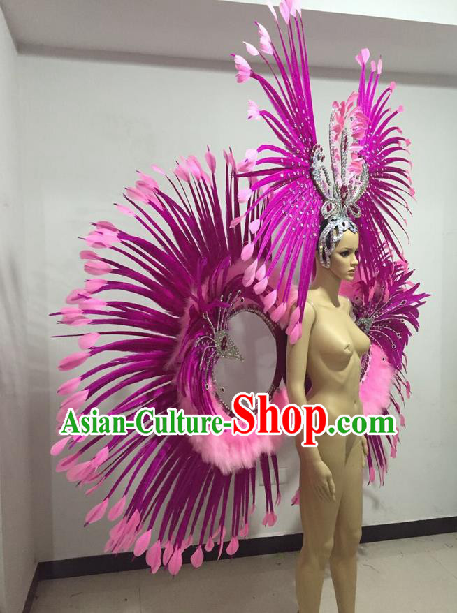 Top Grade Professional Stage Show Giant Headpiece Parade Hair Accessories Backboard Decorations, Brazilian Rio Carnival Samba Opening Dance Rosy Feather Headdress for Women