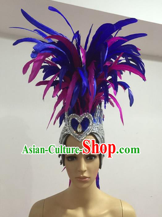 Top Grade Professional Stage Show Giant Headpiece Parade Hair Accessories Decorations, Brazilian Rio Carnival Samba Opening Dance Blue Feather Hats for Women