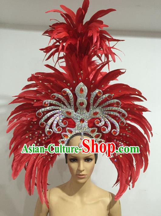 Top Grade Professional Stage Show Giant Headpiece Parade Hair Accessories Deluxe Decorations, Brazilian Rio Carnival Samba Opening Dance Red Feather Headwear for Women