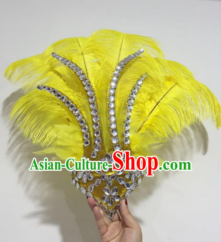 Top Grade Professional Stage Show Halloween Hair Accessories Decorations, Brazilian Rio Carnival Parade Samba Opening Dance Yellow Feather Headpiece for Women