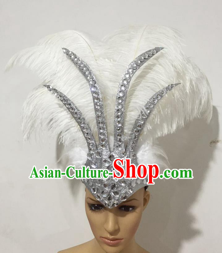 Top Grade Professional Stage Show Halloween Hair Accessories Decorations, Brazilian Rio Carnival Parade Samba Opening Dance White Feather Headpiece for Women