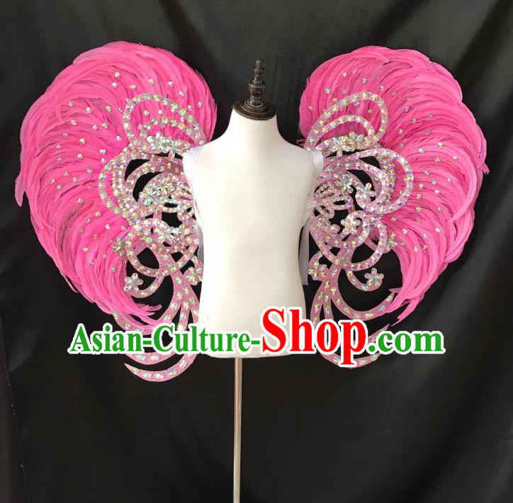 Top Grade Professional Stage Show Halloween Props Wings and Headpiece, Brazilian Rio Carnival Parade Samba Dance Modern Fancywork Pink Feather Backplane for Kids