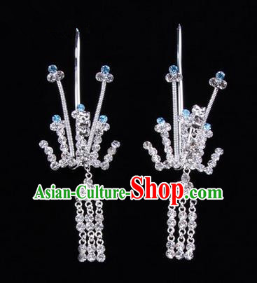Chinese Ancient Peking Opera Hair Accessories Young Lady Phoenix Tassel Headwear, Traditional Chinese Beijing Opera Head Ornaments Hua Tan Crystal Blue Hairpins