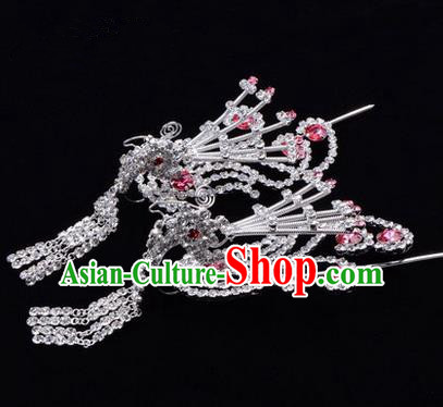 Chinese Ancient Peking Opera Hair Accessories Young Lady Diva Tassel Phoenix Headwear, Traditional Chinese Beijing Opera Head Ornaments Hua Tan Pink Crystal Hairpins