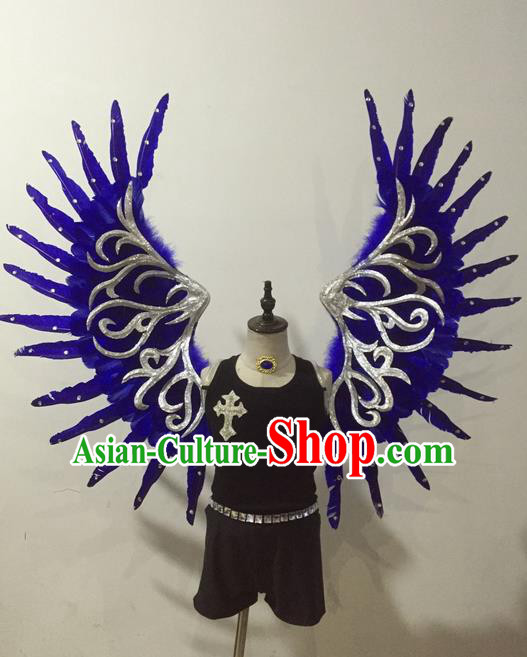 Top Grade Professional Stage Show Halloween Parade Props Decorations Wings, Brazilian Rio Carnival Parade Samba Dance Blue Wings for Kids