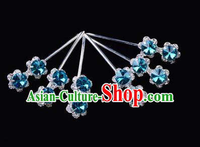 Chinese Ancient Peking Opera Hair Accessories Young Lady Diva Head Ornaments, Traditional Chinese Beijing Opera Hua Tan Blue Crystal Double Beads Hairpins