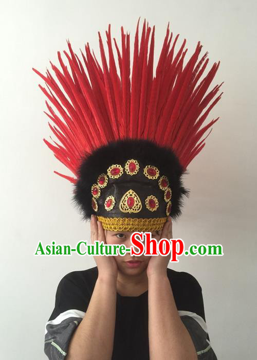 Top Grade Professional Stage Show Halloween Parade Red Feather Hat Hair Accessories, Brazilian Rio Carnival Parade Samba Dance Catwalks Headwear for Women