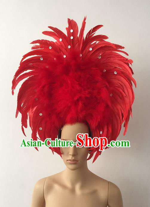 Top Grade Professional Stage Show Halloween Parade Red Feather Deluxe Hair Accessories, Brazilian Rio Carnival Parade Samba Dance Catwalks Headwear for Women