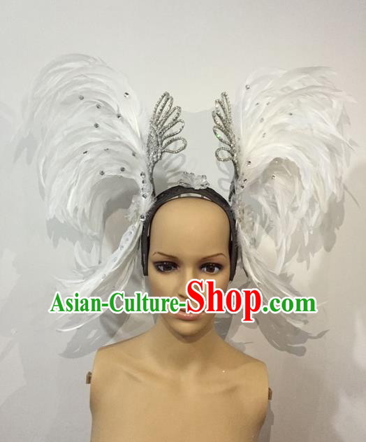 Top Grade Professional Stage Show Halloween Parade White Feather Brazilian Rio Carnival Parade Samba Dance Exaggerated Hair Accessories Headpiece for Women