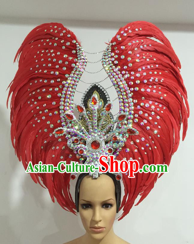 Top Grade Professional Stage Show Halloween Parade Exaggerated Red Feather Hair Accessories, Brazilian Rio Carnival Samba Dance Headwear for Women