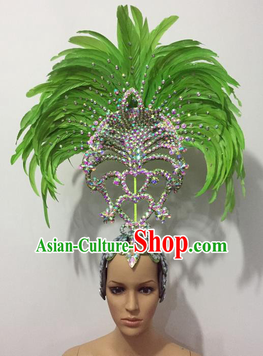 Top Grade Professional Stage Show Halloween Parade Green Feather Hair Accessories, Brazilian Rio Carnival Samba Dance Crystal Headwear for Women