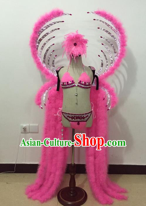 Top Grade Professional Performance Catwalks Bikini Costume and Wings, Traditional Brazilian Rio Carnival Samba Modern Fancywork Pink Feather Swimsuit for Kids