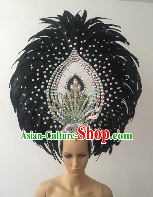 Top Grade Professional Stage Show Halloween Parade Black Feather Deluxe Hair Accessories, Brazilian Rio Carnival Samba Dance Modern Fancywork Crystal Headwear for Women