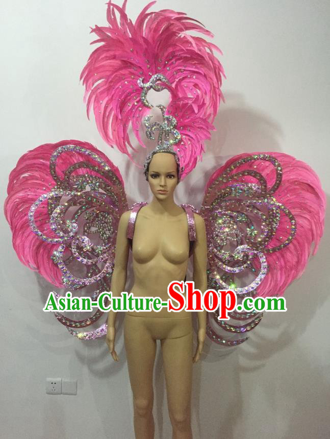 Top Grade Professional Stage Show Halloween Parade Pink Feather Deluxe Butterfly Wings and Hair Accessories, Brazilian Rio Carnival Samba Dance Modern Fancywork Backplane for Women