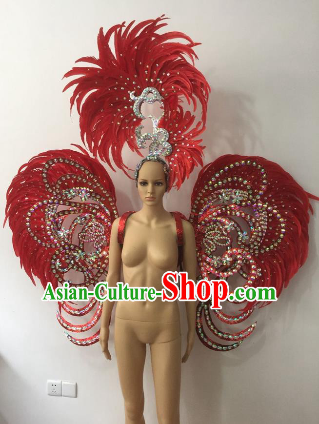Top Grade Professional Stage Show Halloween Parade Red Feather Deluxe Butterfly Wings and Hair Accessories, Brazilian Rio Carnival Samba Dance Modern Fancywork Backplane for Women