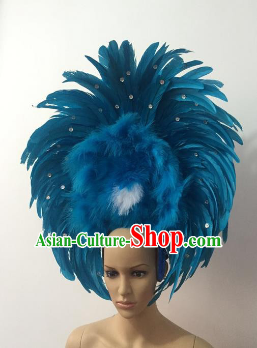 Top Grade Professional Stage Show Halloween Parade Blue Feather Headwear, Brazilian Rio Carnival Samba Dance Modern Fancywork Hair Accessories Headpiece for Women
