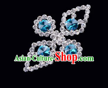 Chinese Ancient Peking Opera Jewelry Accessories Young Lady Diva Bowknot Brooch, Traditional Chinese Beijing Opera Hua Tan Blue Crystal Breastpin